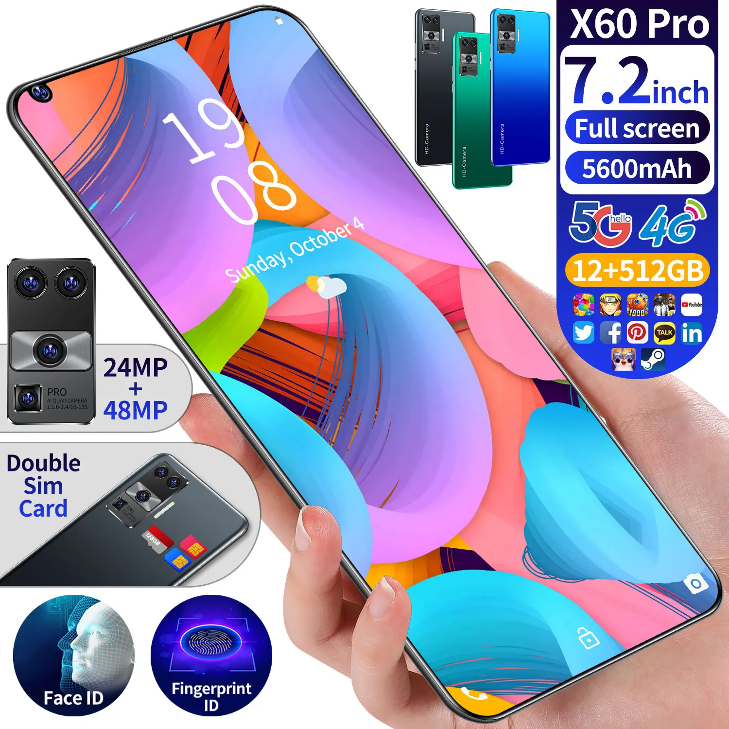 

X60 Pro Factory Wholesale Price 4g smartphone X60 Pro Cheap Big screen Dual SIM Card Face ID Unlock 5G Mobile Phone