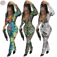 

9110519 newest design deep V long sleeve printed club Clothing Dress Women Two Piece Outfits Set