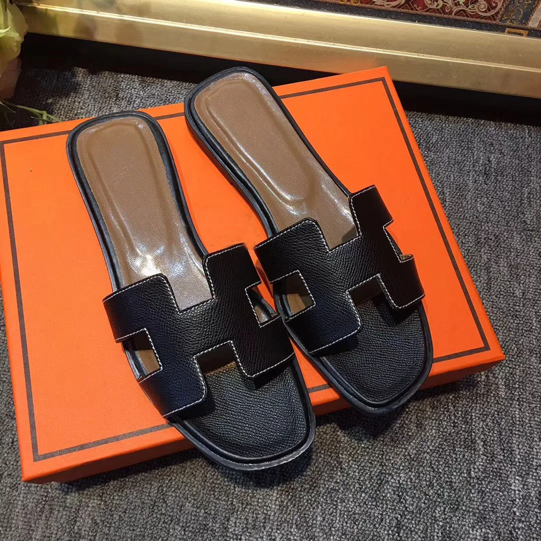 

summer casual black outdoor travel soft H high-grade hermez sheepskin women's flat designer slide slippers