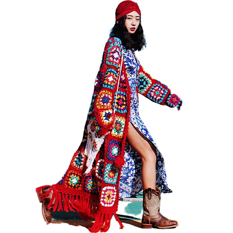 

Custom Ethnic Bohemian Handmade Patchwork Sweater Tassel Vintage Women's Crochet Knit Cardigan