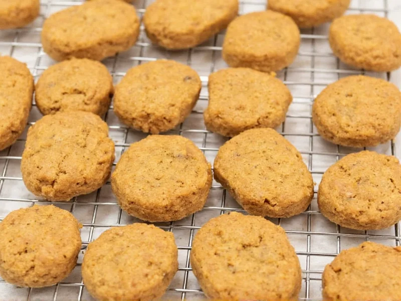 Homemade pumpkin dog biscuits cooling on wire rack