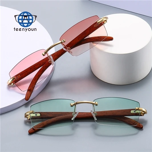 

Teenyoun Wholesale Fashion Wooden Sunglasses 2023 New Diamond Cut Edge Men Rimless Clear Square Shape