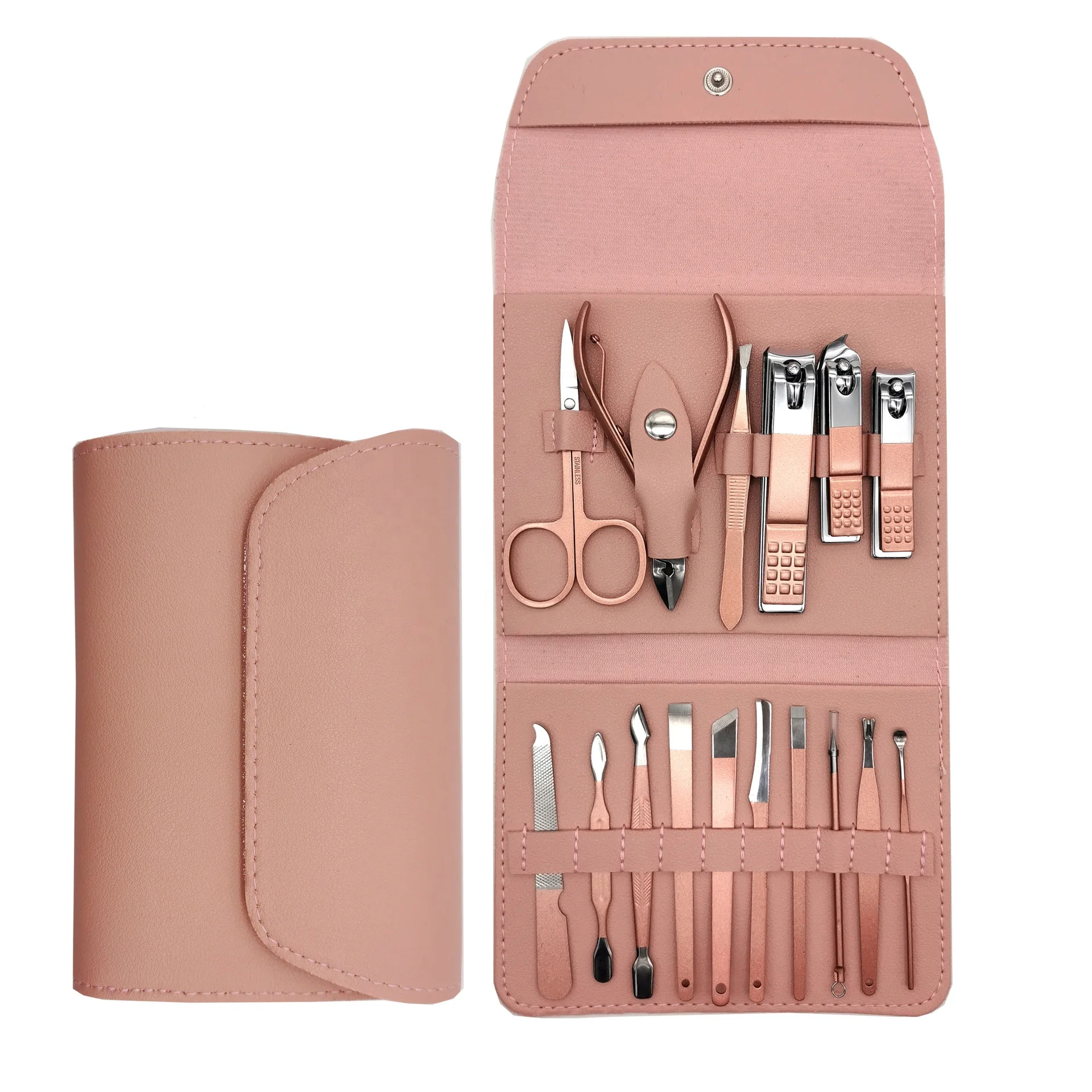 

16 piece Rose Gold Pedicure Manicure Set Stainless Steel Professional Nail Tool Kit 16Pcs Pink Nail Clippers Set PU Bag, According to options