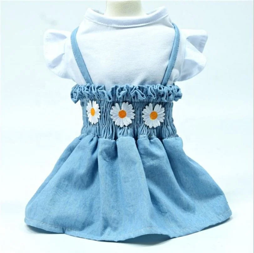 

Cowboy Trendy Doggie Dress With Suspenders Stretch Flower Print Dog Clothes Spring Summer Small Lovely, Blue