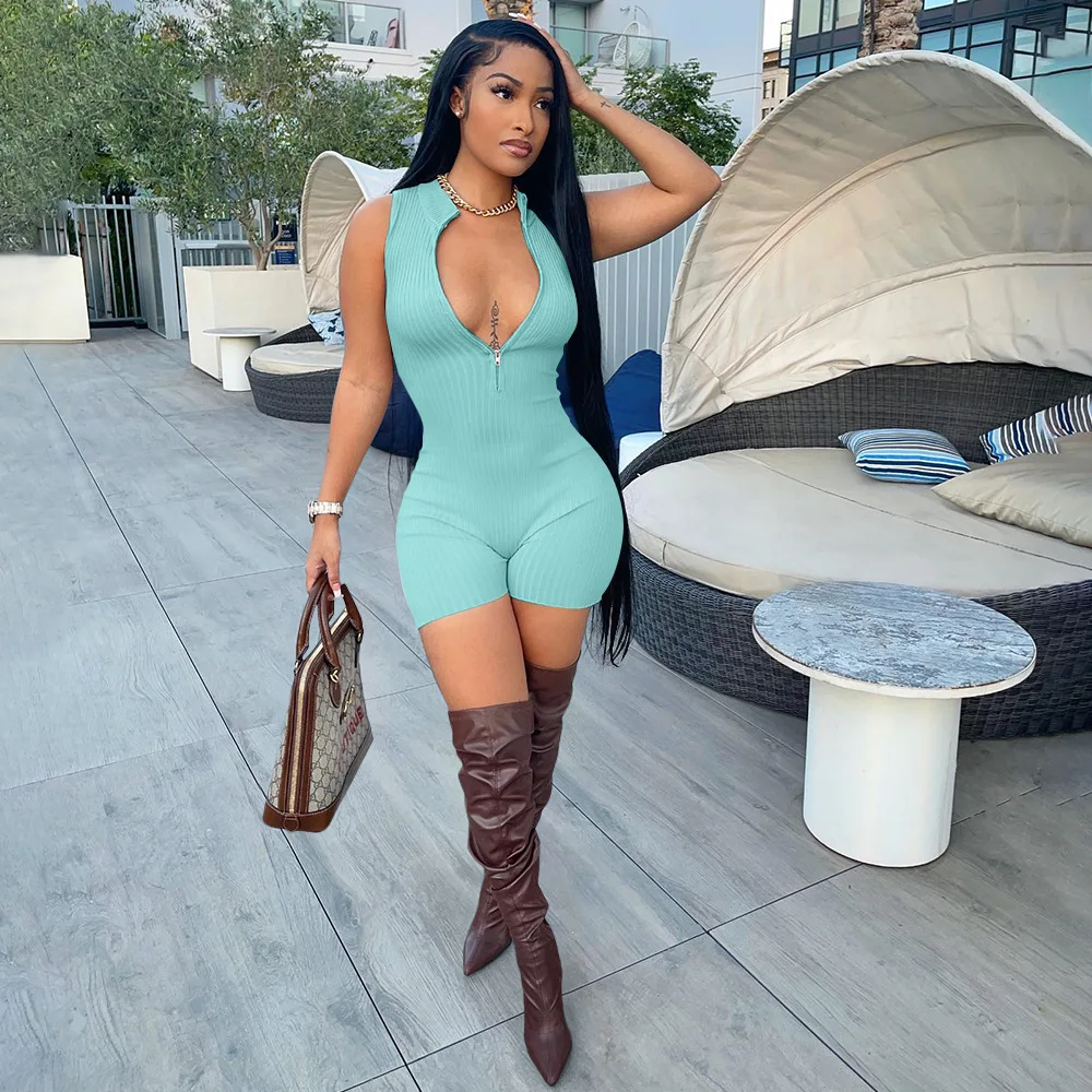 

New Arrivals Women Clothing 2022 Summer Zipper Ribbed Bodysuit Short Pants Romper Sleeveless Elegant Jumpsuit