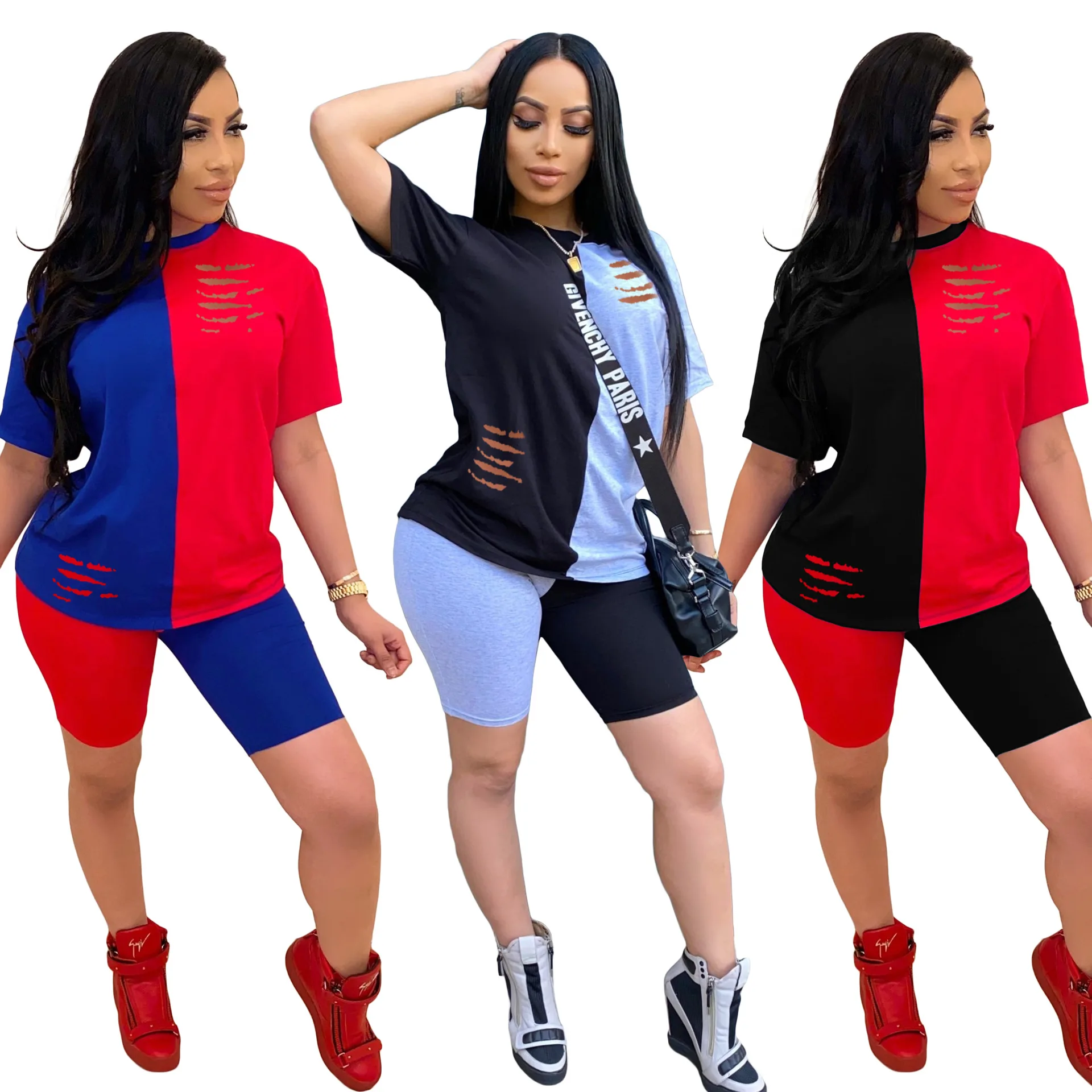 

Hot selling European and American women's casual fashion splicing set T-shirt and shorts 2-piece set