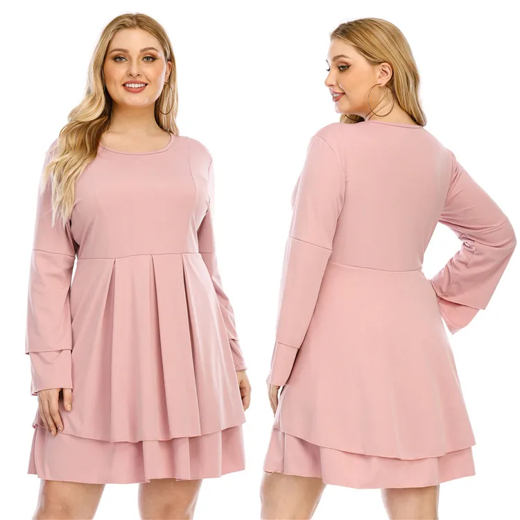 

Plus Size Women's Autumn Two-layer Big Put On Cake Dress Long Sleeve Ladies Dress