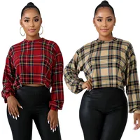 

E91711 2019 new arrival woman pullover shirt long sleeves round neck upper plaid shirt fashion women outer clothes