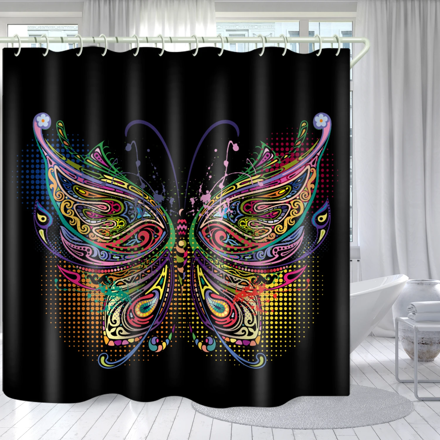 

183 x 183cm waterproof cloth lining cover bathtub bathroom curtain black bottom butterfly customizable printing shower curtain, Picture