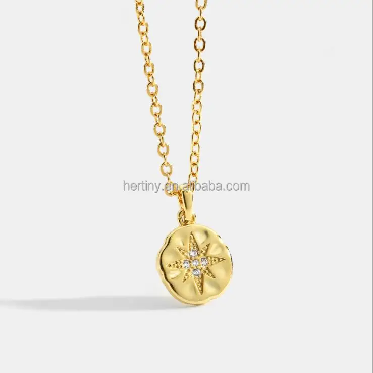 

Brass Jewelry sunshine star crystal hammered coin pendant necklace, Picture shows