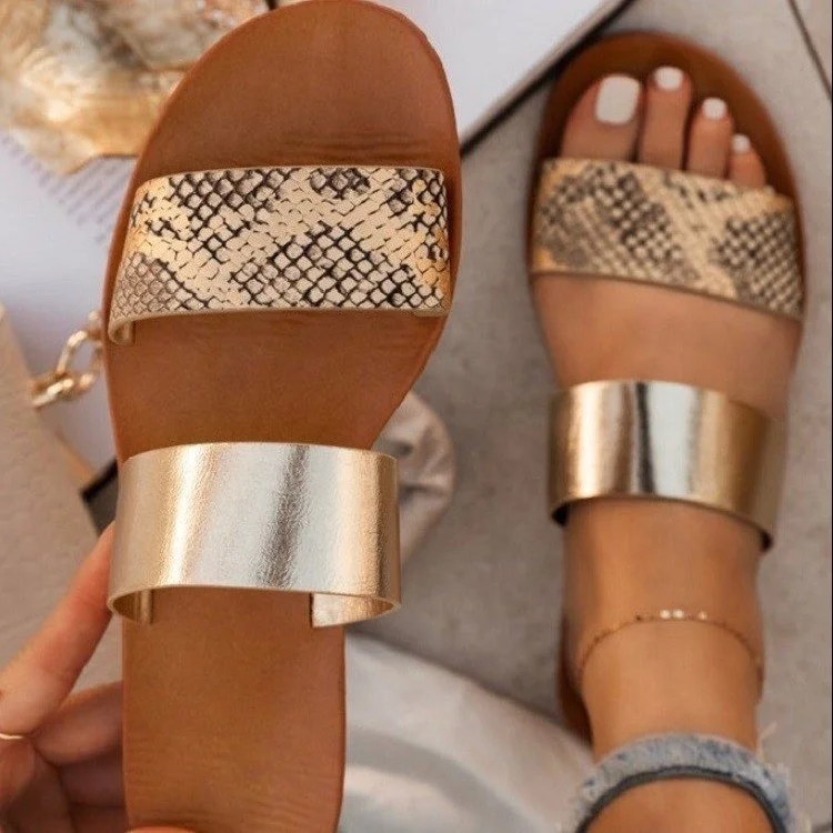 

2021 Summer Beach Sandals New Stylish Ladies Leather Slippers and Flat Snake Print Sandals, 4 colors