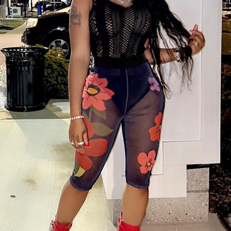 

Y2K Summer ladies leggings skinny tight pants Floral print Mesh see through shorts sexy casual streetwear women lady clothes