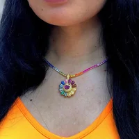 

iced out bling hip hop women jewelry coloful rainbow cz tennis chain Sunflower necklace