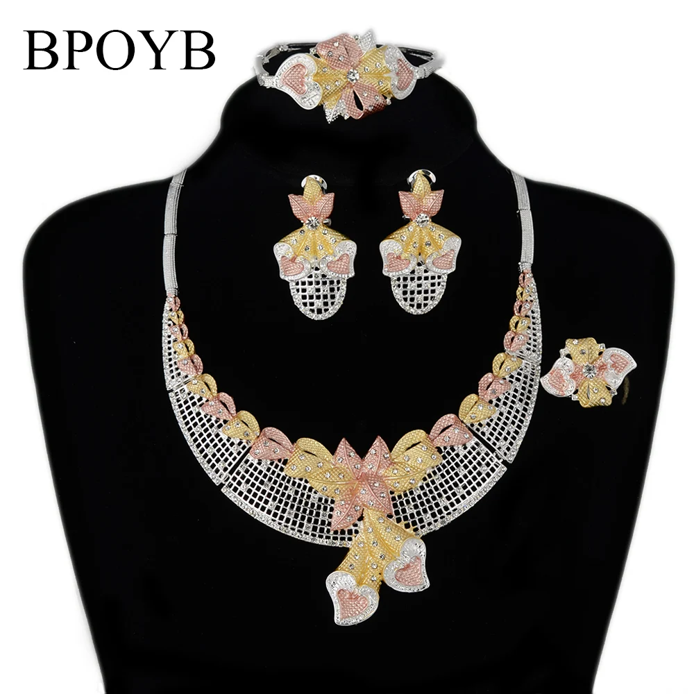 

BPOYB Top Sale Luxury Statement Bowknot Necklace Set Painting 3 Color Big Jewelri Silver Wholesale New Year Gift