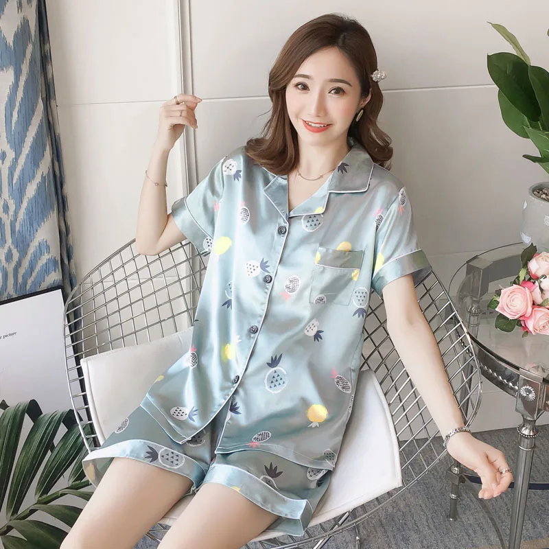 

JULY'S SONG 2 PCS Satin Pajamas For Women Casual Turn-down Collar Short Sleeve Printed Homewear Nightwear Faux Silk Sleepwear