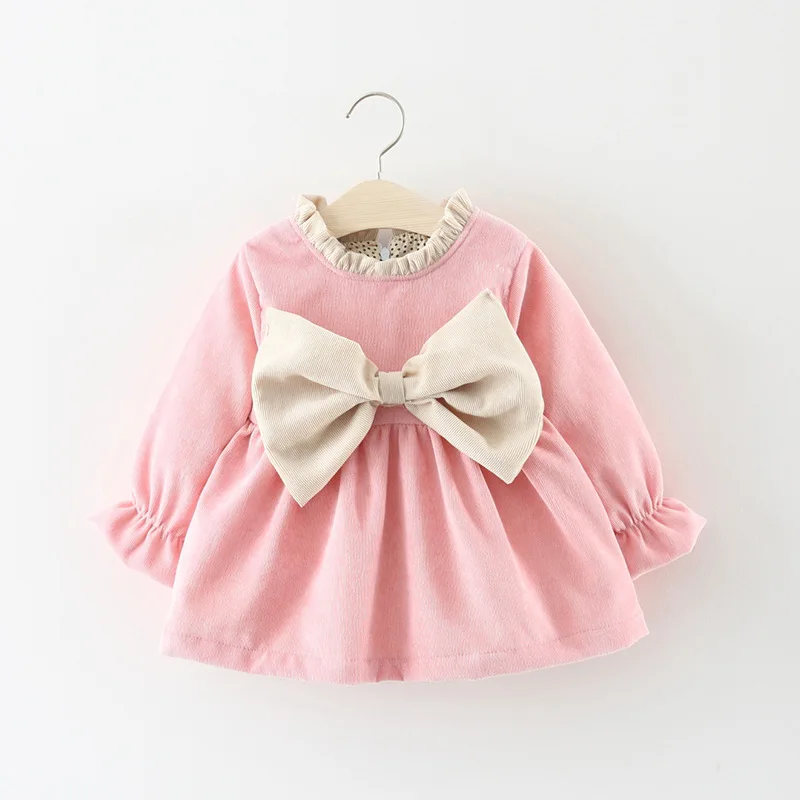 

Pink Purple Toddler Baby Girl Kids Big Bow Warm Party Wedding Princess Winter Dress Long Sleeve Thick Tutu Dresses