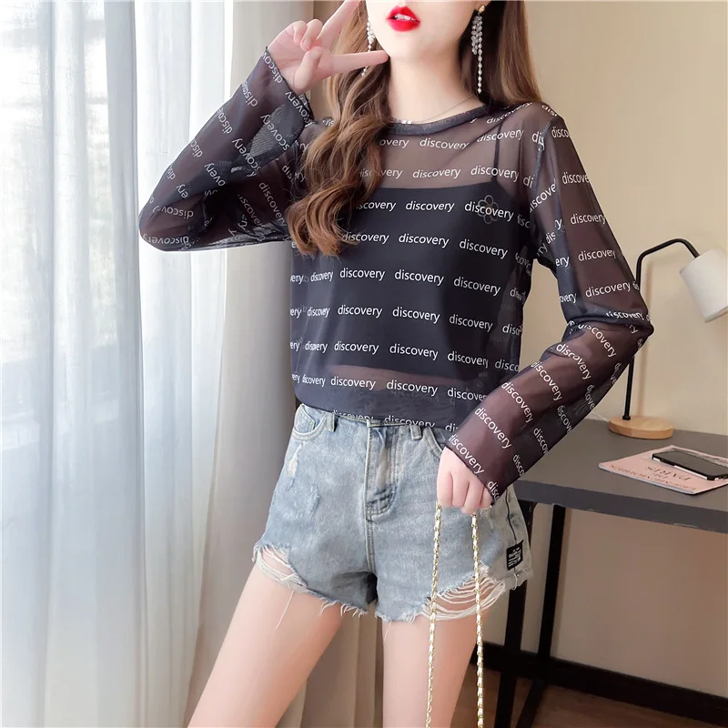 

Summer long sleeve chiffon shirt women 2021 New style mesh letter T - shirt base shirt summer sun - protected top
