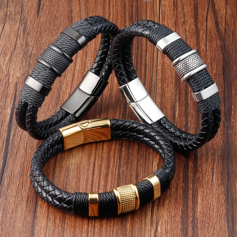 

Leather Bracelets For Mens Charmsmic New Vintage Leather Bracelets For Mens Wrap Bracelets Bangles Gold and pvd black Metal