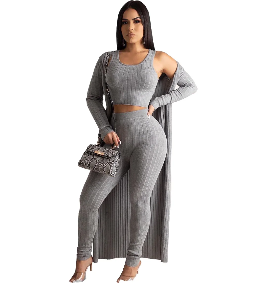 

MT59-5306 2021 Trendy Sexy Knitted Long Sleeve Crop Top 3 Three Piece Set Cardigans Ladies Winter Fall Clothing for Women set