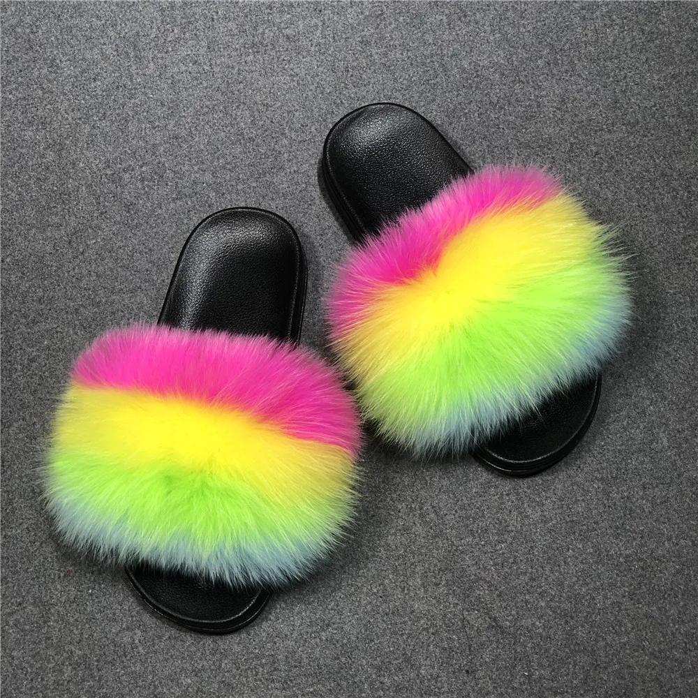 

10301-MX101 pretty rainbow candy color women big fur slides slippers sandals sehe fashion