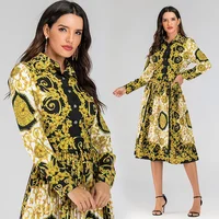 

2019 In Stock Best Selling Fashion Long-Sleeved baroque print pleated single-breasted A line casual women long dresses