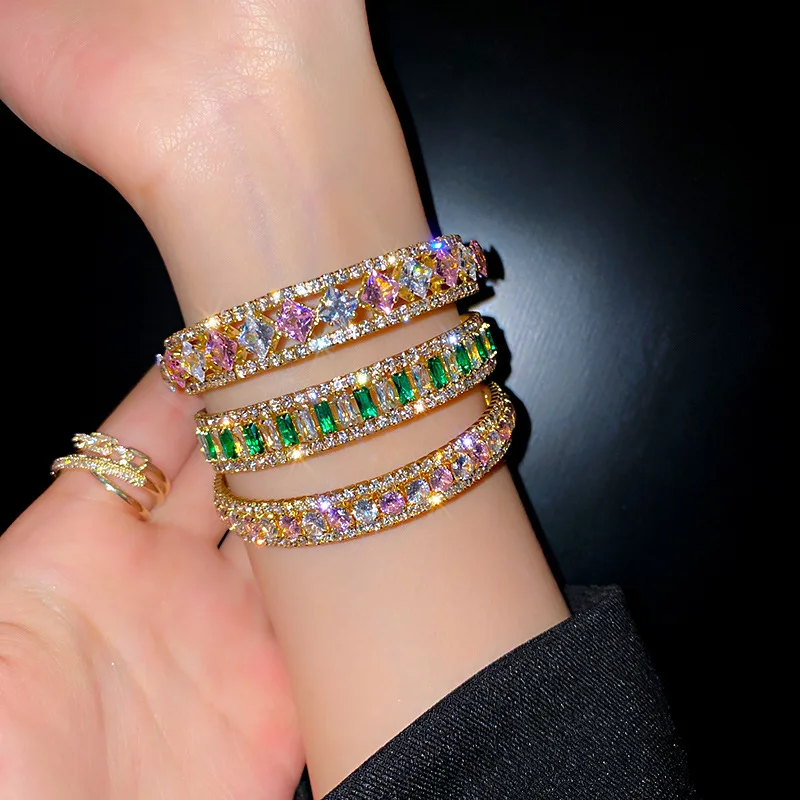 

Luxury Colored Diamond Tennis Bracelet Wedding Jewelry Micro Pave Iced Out Cubic CZ Zircon Bangles Engagement Bracelets Women