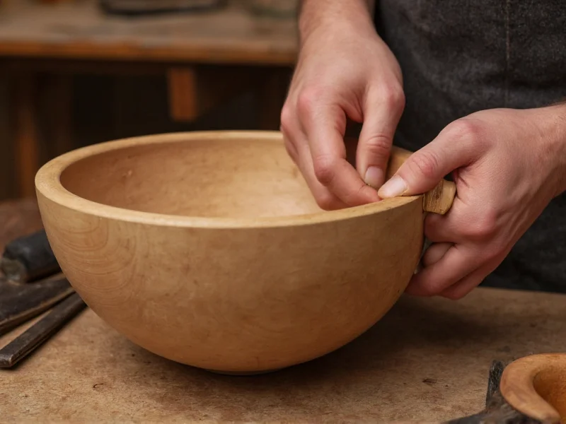 Hands crafting wooden bowl with traditional tools