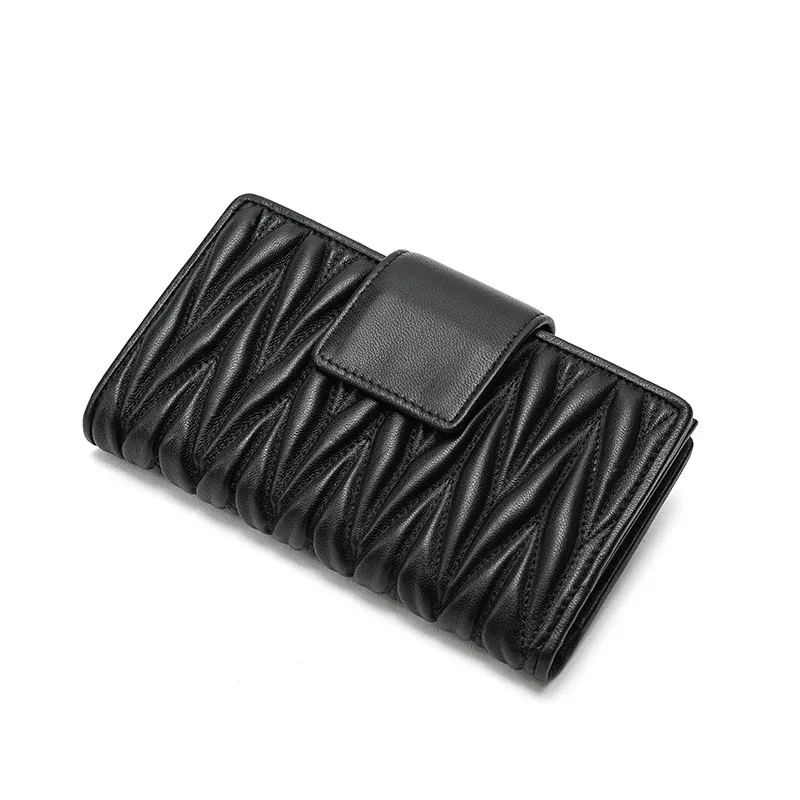 

High Capacity Long Genuine Leather Wallet Lambskin Pleated Purse Lady Long Wallet For Women