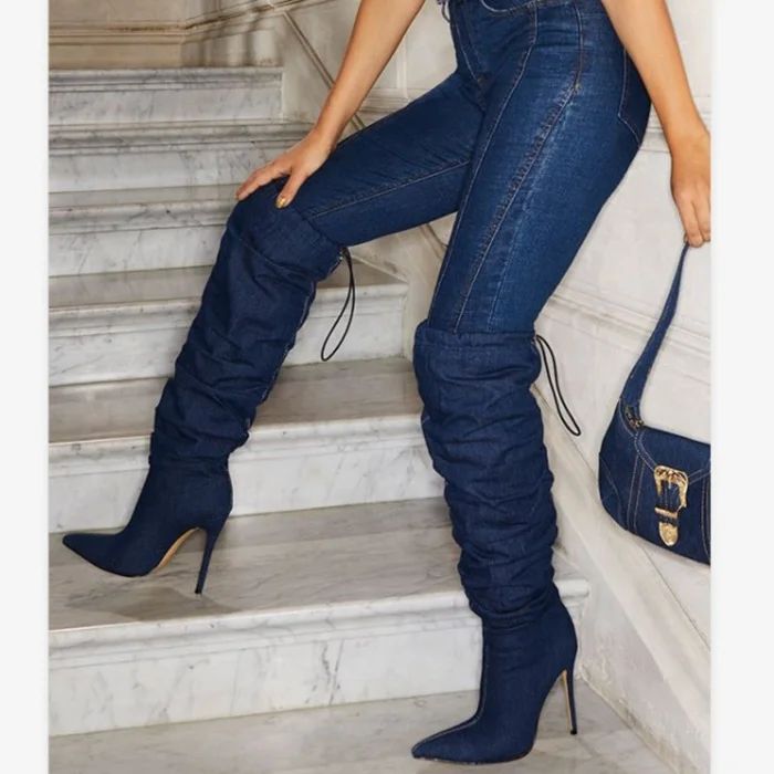 

Autumn Women Over Knee High Boots Large Size 43 Thigh High Boots for Women Denim Fabric Stiletto High Heels Boots, Blue