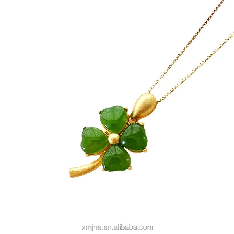 

Certified Hetian Jade Four-Leaf Clover Necklace Ancient Silver Inlaid Jade Pendant Jasper Spinach Green Jade Chain Pendant