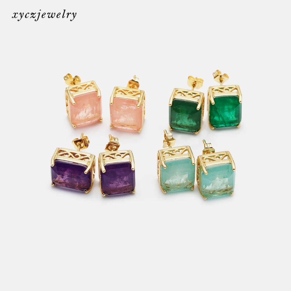 

Hot Sale Single Fusion Square Stone Stud Earrings Gold Plated Natural Fusion Jewelry Earring Studs, White