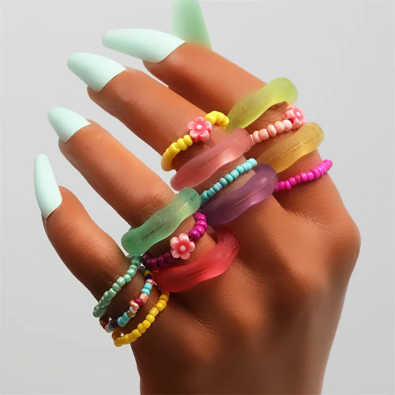 

New Arrivals Cheap Butterfly Flowers Beads Rings Set Candy Color Geometric Resin Rings For Girls Beads Rings Women Jewelry Gift