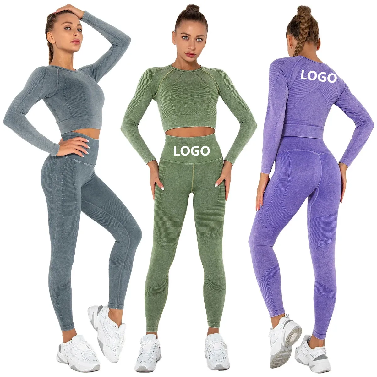 

2021 Sportswear Fitness Suit Women seamless acid wash leggings long sleeve yoga sets, Print