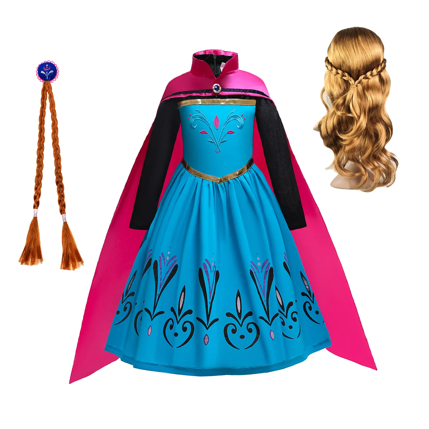 

2021 New Girls anna costume anna beauty hair Long Sleeve Anna Princess Dress Cloak Accessories Set, Picture