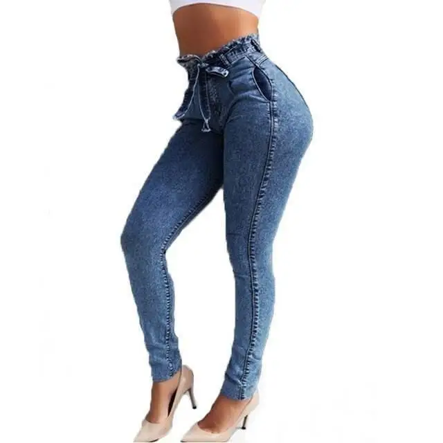 

American and American hot style stir-fry snow wash water high bounce to lift buttock to tie high waist jeans small feet pants