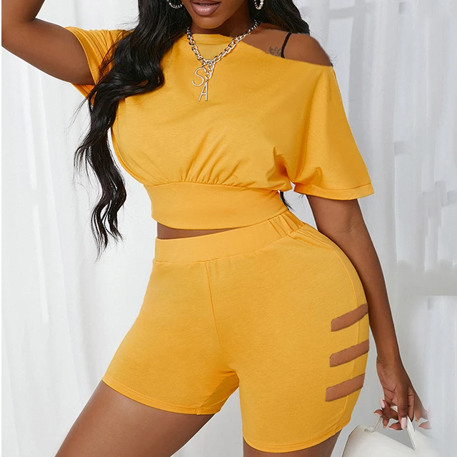 

Sport Style Casual Activewear Inclined Shoulder Short Sleeve Solid Two Piece Cropped Top And Cut Out Short Set, Black, gray, rose red, yellow, orange