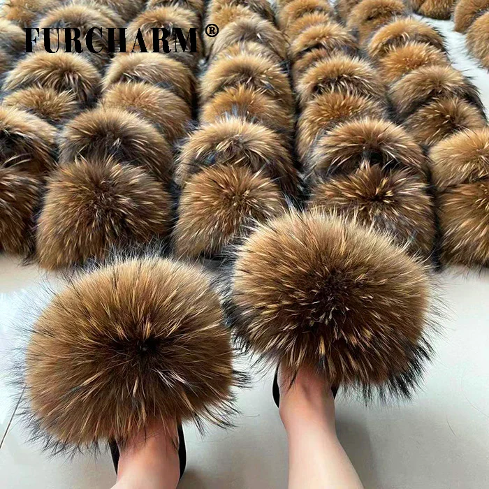 

Wholesale Real mink Fluffy Slippers Soft mink Fur Slides fox fur Slippers, White/ black/ dark green /red wine / light gray /raccoon color