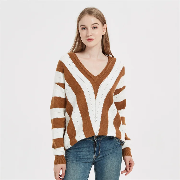 

Hot Sale Soft V Neck Long Sleeve Stripe Pullover Knitted Womens Sweater