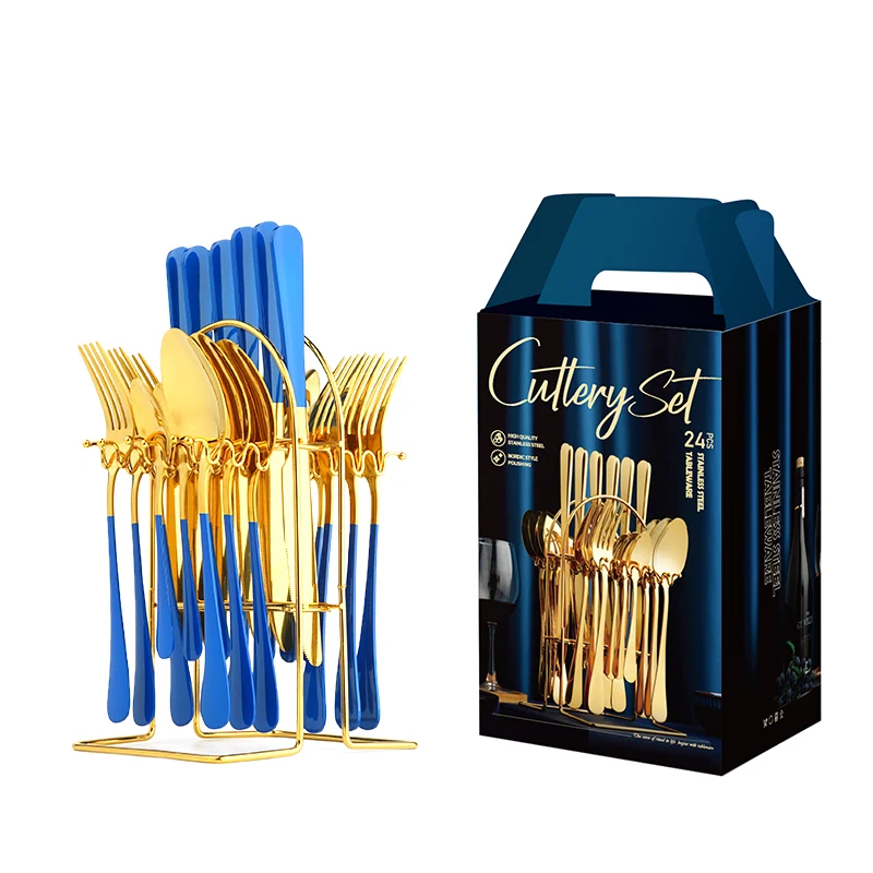 

Gold Fork Knife and Spoon 24pcs Stainless Steel with Box Cutlery Set for Wedding Gift