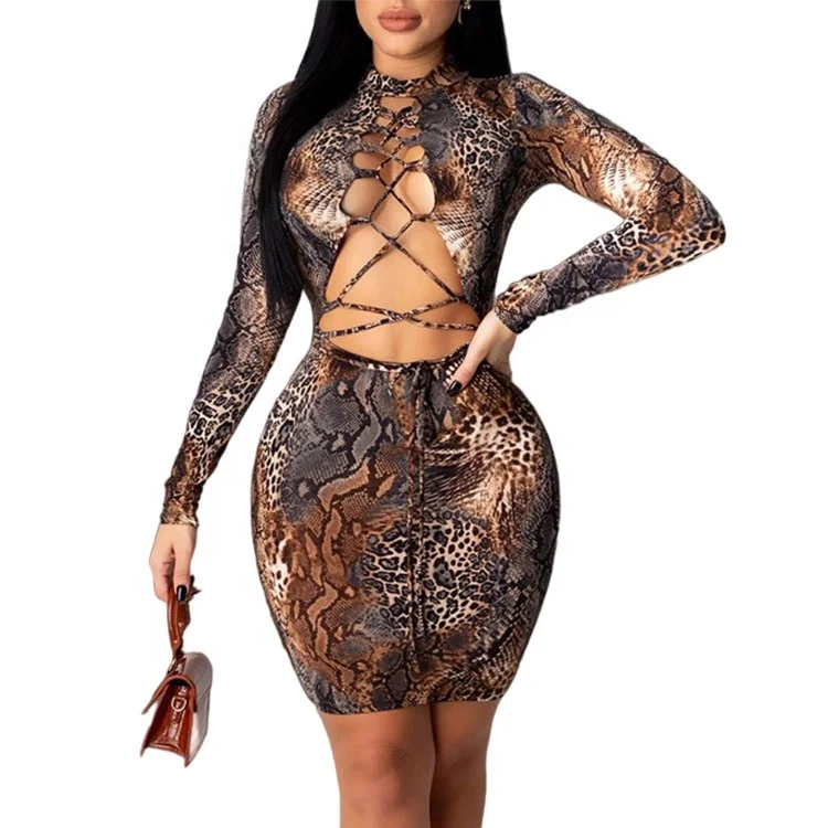 

2021 Fashion Snake Print Long Sleeve Hollow Out Bandage Bodycon Mini Dress Sexy Night Club Party Dress for Women