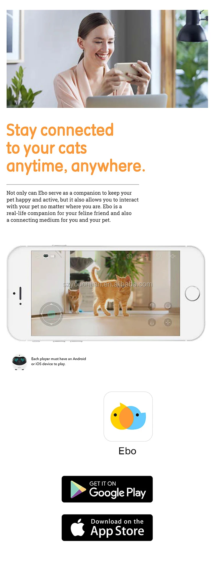 Ebo Smart Robot WiFi Collar Catpal Pet Cats Toys 1080P HD Video Security Camera 