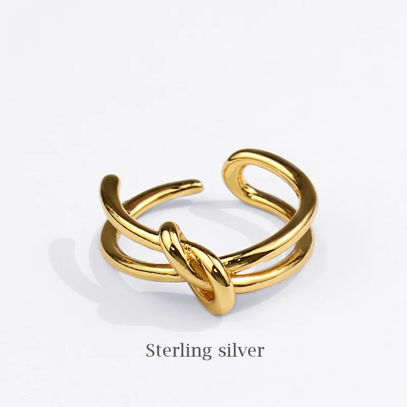 

Fashion Sweet 925 Silver Plated Double Layer Knot Opening Ring High Polished Resizable Size Geometric Knot Rings Jewelry