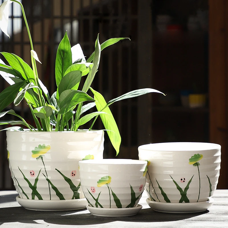 

wholesale big flower pot set 3pcs ceramic Plant pot with saucers, White