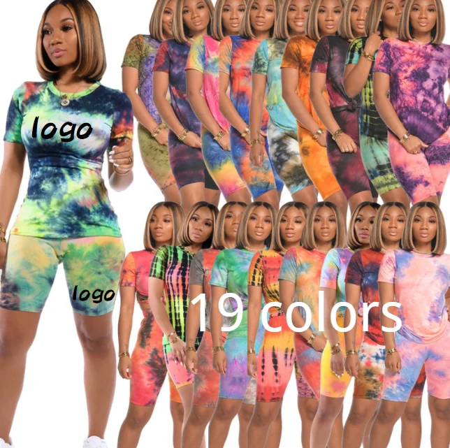 

Low Price custom logo Wholesale Short Sleeve Fluorescent Tie-dyed Plus Size Women Clothing Summer 2 Piece Casual Jogger Set, Customized color