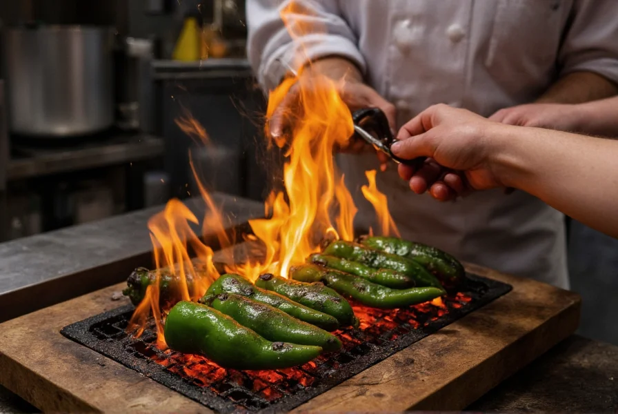 Chef roasting poblano peppers over open flame showing proper technique for blistering the skin