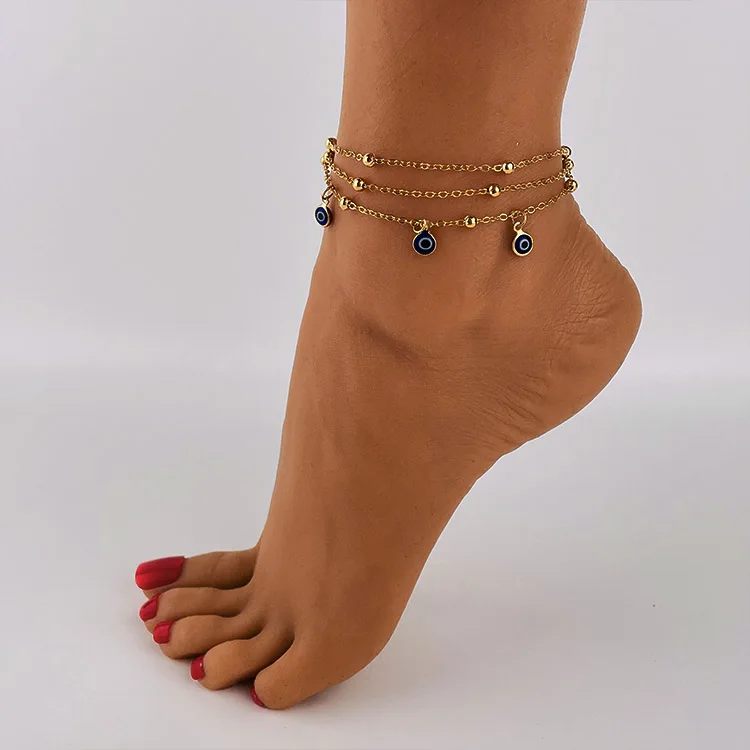 

fashion boho 14k gold plated enamel blue evil eye charm layered adjustable chain beach anklets for women