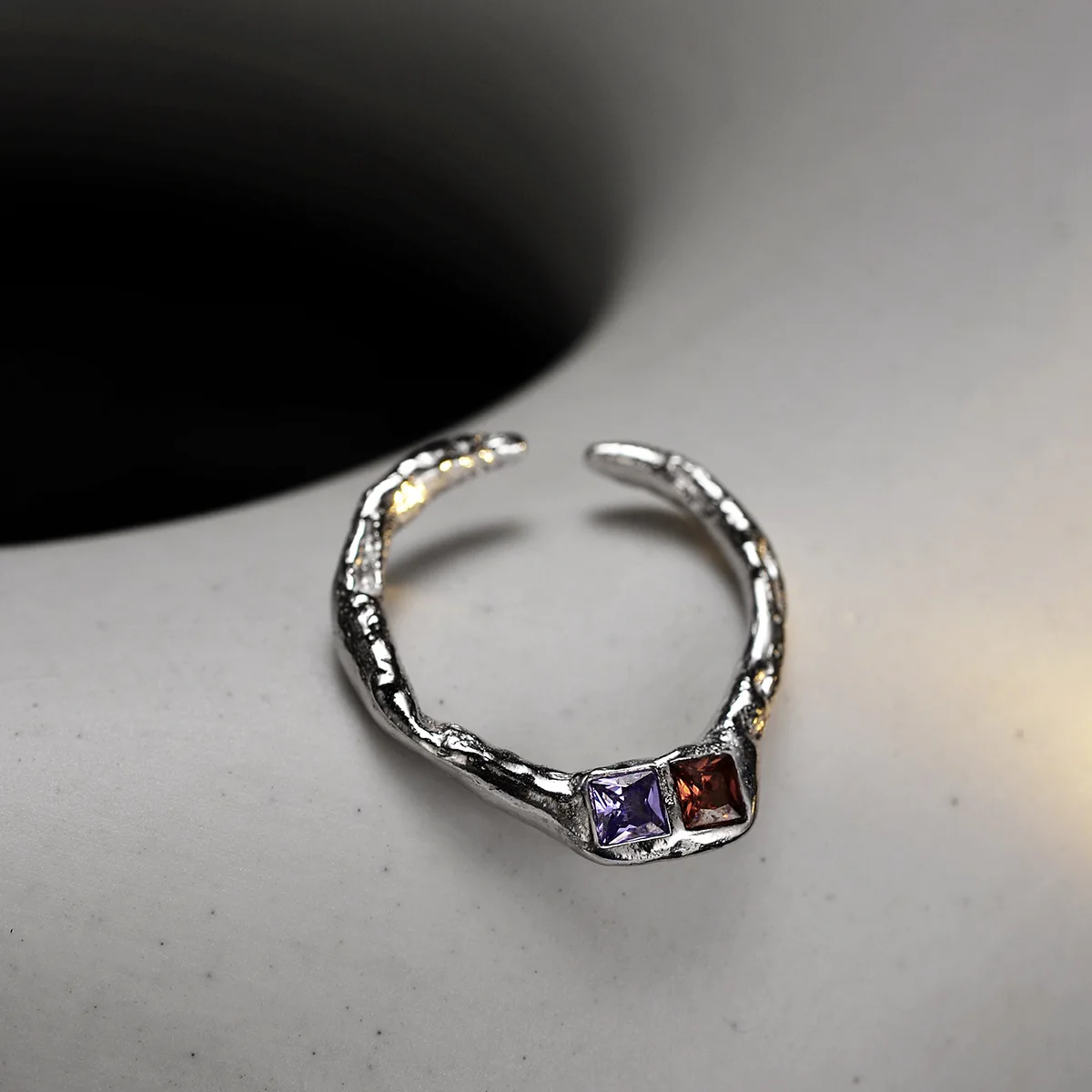 

Sailing Silver Jewelry Creative Two-tone Gemstone Ring Sterling Silver Rings Open Texture Ring