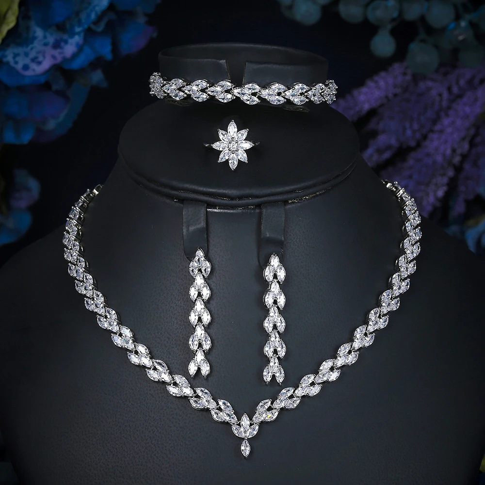 Echsio Statement  Cubic Zirconia Bridal 4 Pcs Jewelry Set White Gold Plating Wedding Necklace Earrings Set for Women CN027-C