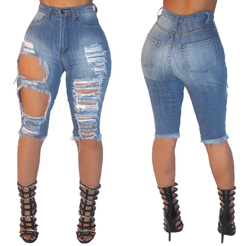 

2020 Wholesale Ripped Stretch Denim Plus Size Shorts Jeans High-rise Trousers Pants Skinny Jeans Short Women, As shown