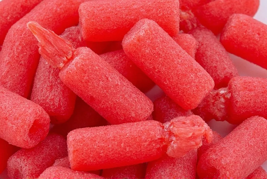 Close-up of red cinnamon candy pieces showing vibrant red color and glossy surface on white background